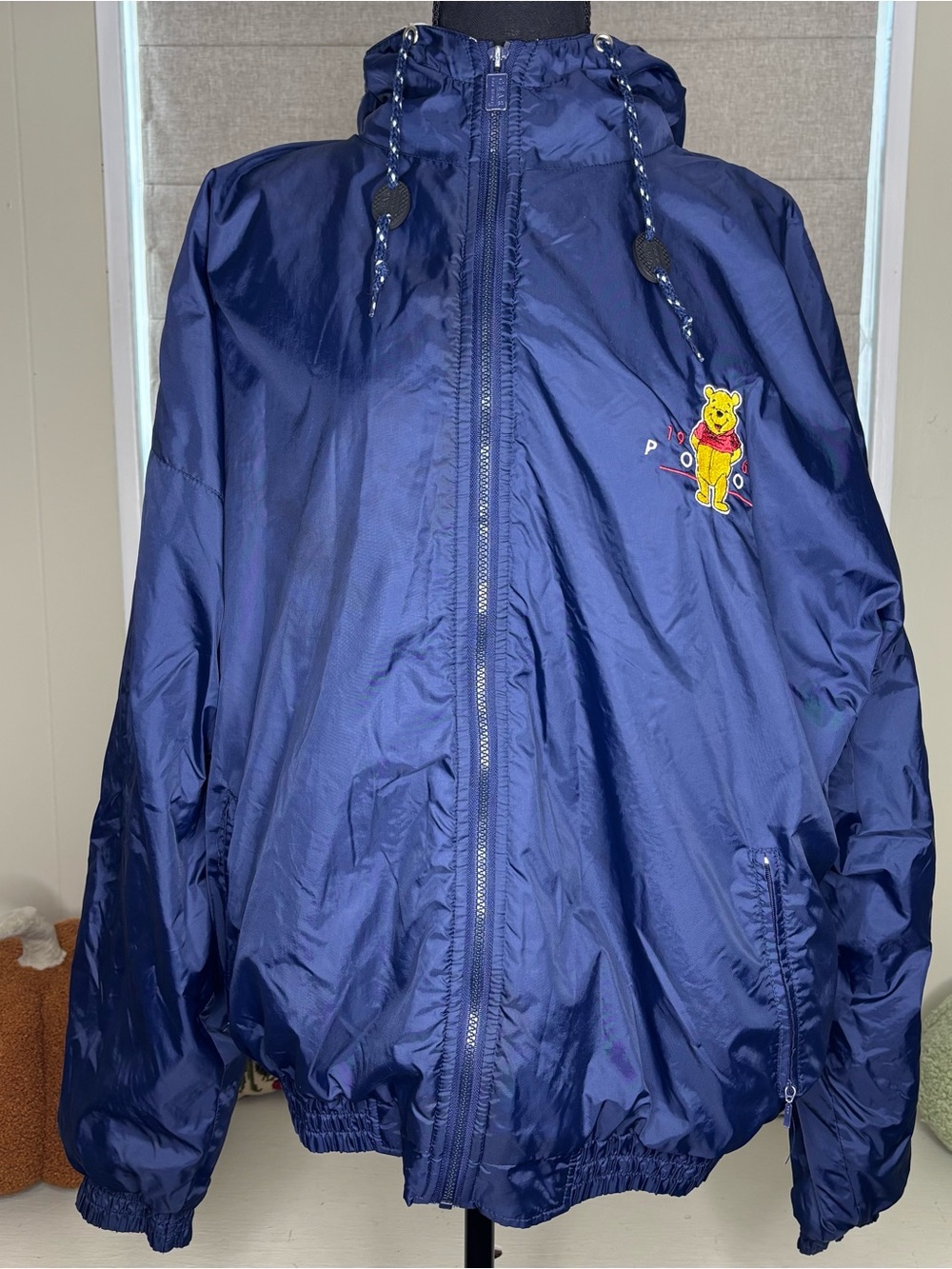 Vintage The Disney Store Pooh Varsity Hooded Jacket Navy Blue Embroidered